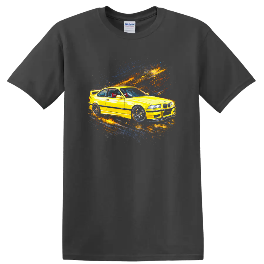 Yellow BMW E36 M3 car with colorful motion streaks graphic on T shirt on a Charcoal T Shirt