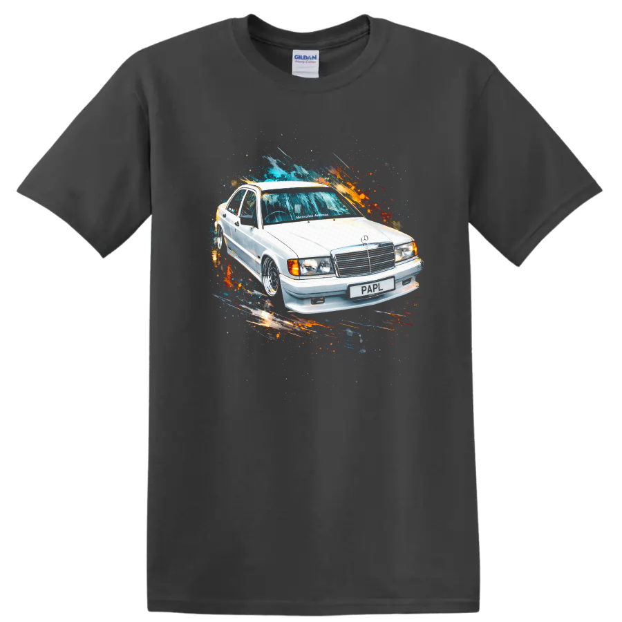 White Mercedes-Benz 190E car with colorful paint splash graphic print on a Charcoal T Shirt