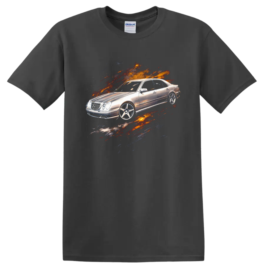 Silver Mercedes-Benz E-Class W210 with paint-splatter graphic print on a Charcoal T Shirt