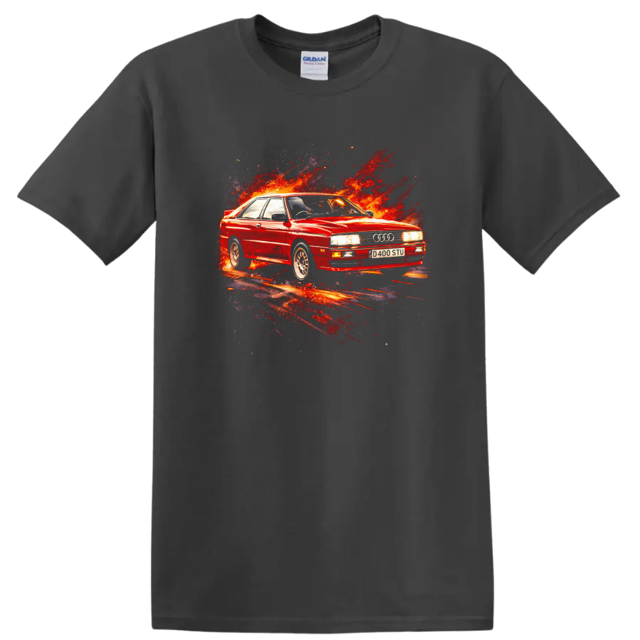 Red Audi Quattro old car graphic print with fiery splash effect on T shirt on a Charcoal T Shirt