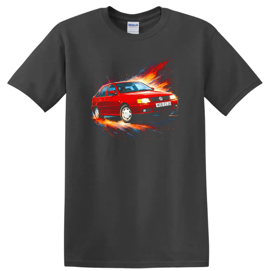 Red Volkswagen Polo Classic car with colorful splash graphic print on black background on a Charcoal T Shirt