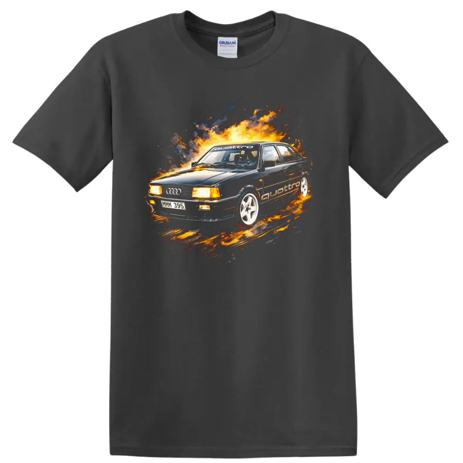 Audi 80 B2 car with flames and racing style graphic print on black T shirt on a Charcoal T Shirt