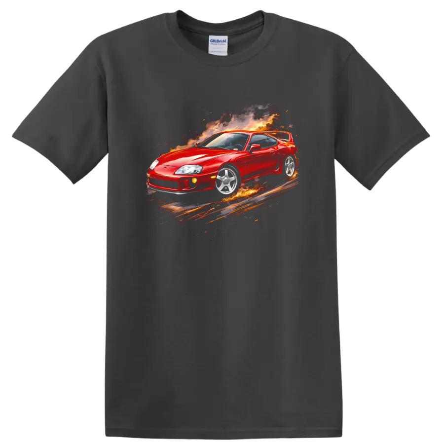 Red Toyota Supra MK4 surrounded by flames and smoke on a graphic print T shirt on a Charcoal T Shirt