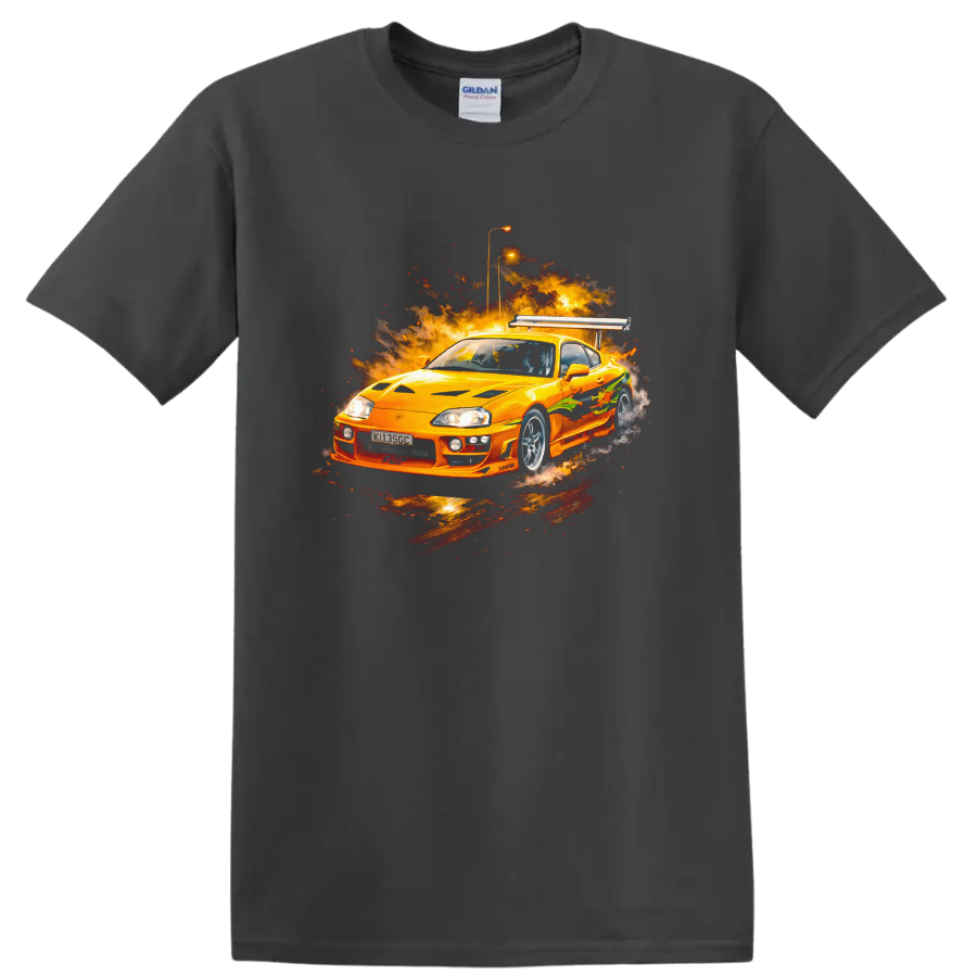 Orange Toyota Supra MK4 with fiery graphic burst, automotive T shirt design on a Charcoal T Shirt