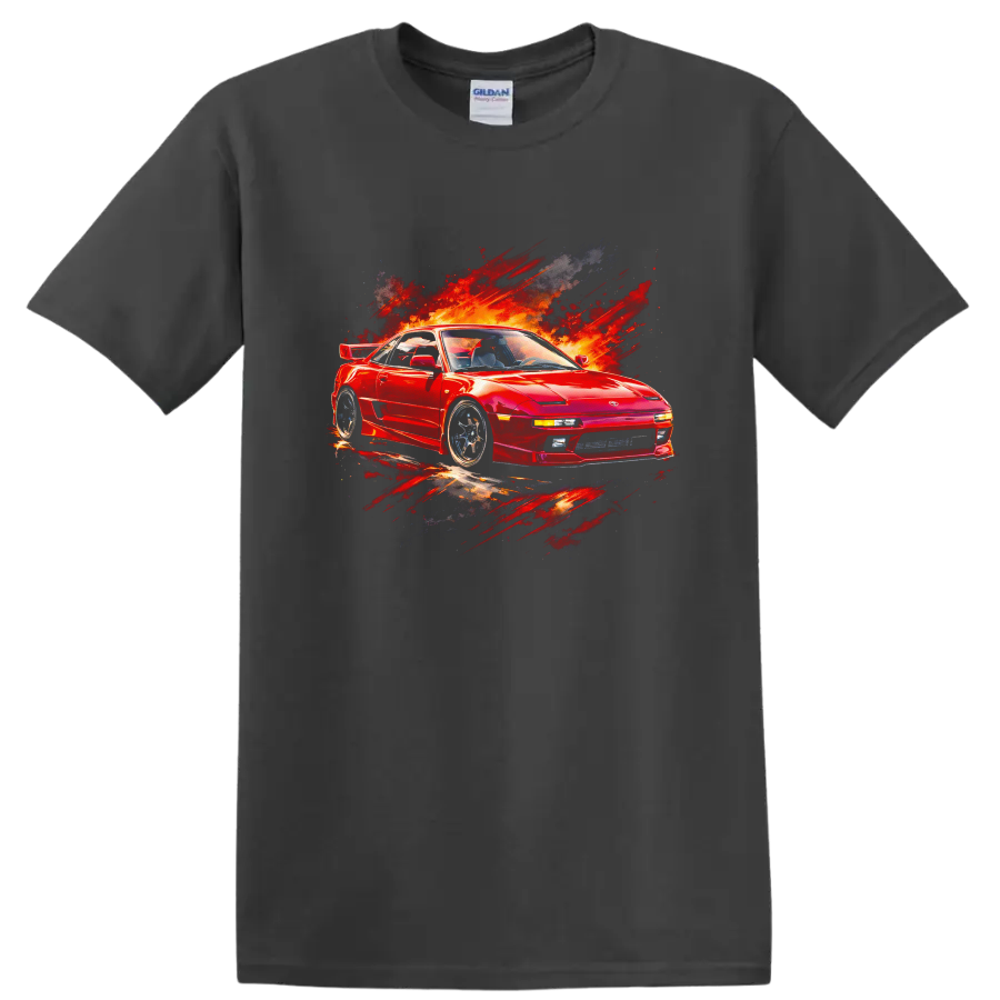 Red Toyota MR2 sports car with fiery paint-splash graphic print on a T shirt on a Charcoal T Shirt