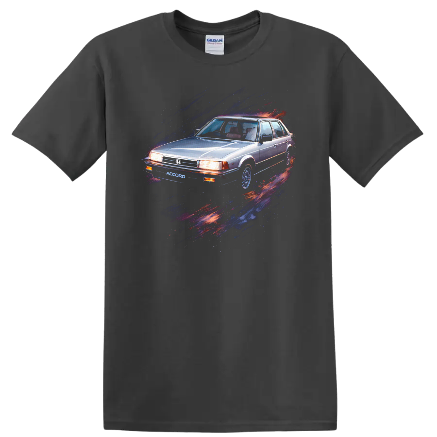 Old Honda Accord sedan graphic print T-shirt with blue and red paint streaks on a Charcoal T Shirt