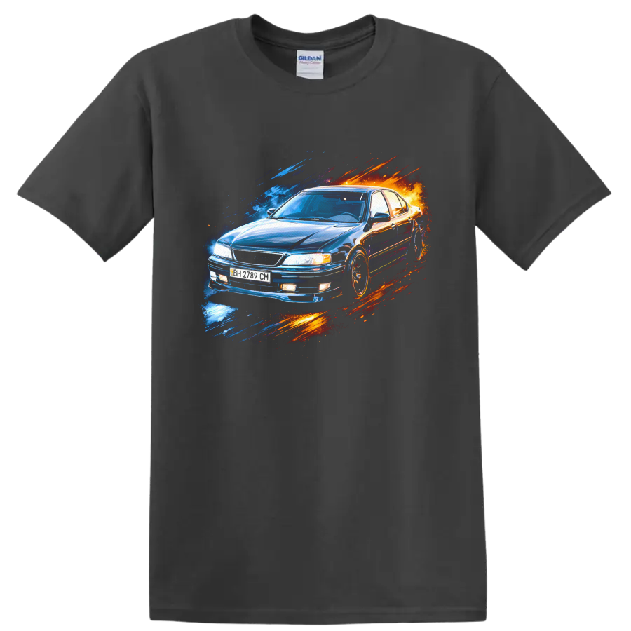 Blue Nissan Maxima A32 sedan with blue and orange streaks graphic print on a Charcoal T Shirt