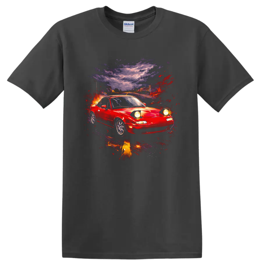 Red Mazda MX-5 Miata sports car with colorful abstract street-scene graphic print on a Charcoal T Shirt