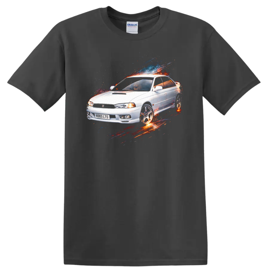 White Subaru Legacy old car graphic print with splash effects on black background on a Charcoal T Shirt