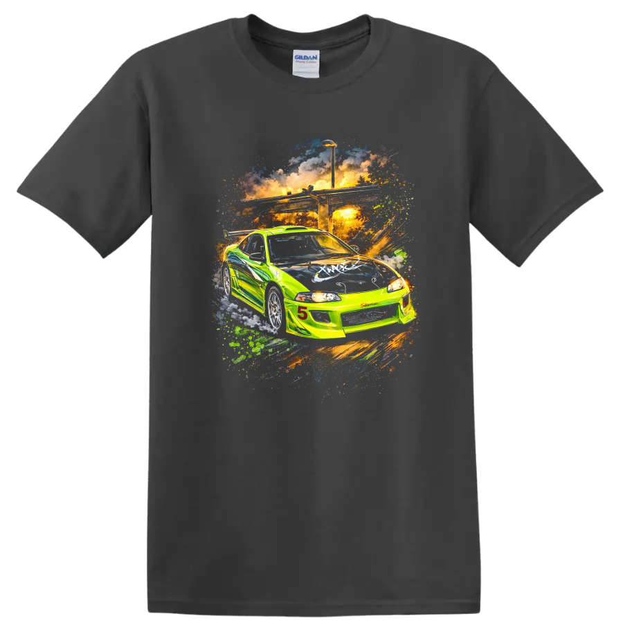 Neon green Mitsubishi Eclipse GS racing car graphic print T-shirt on a Charcoal T Shirt