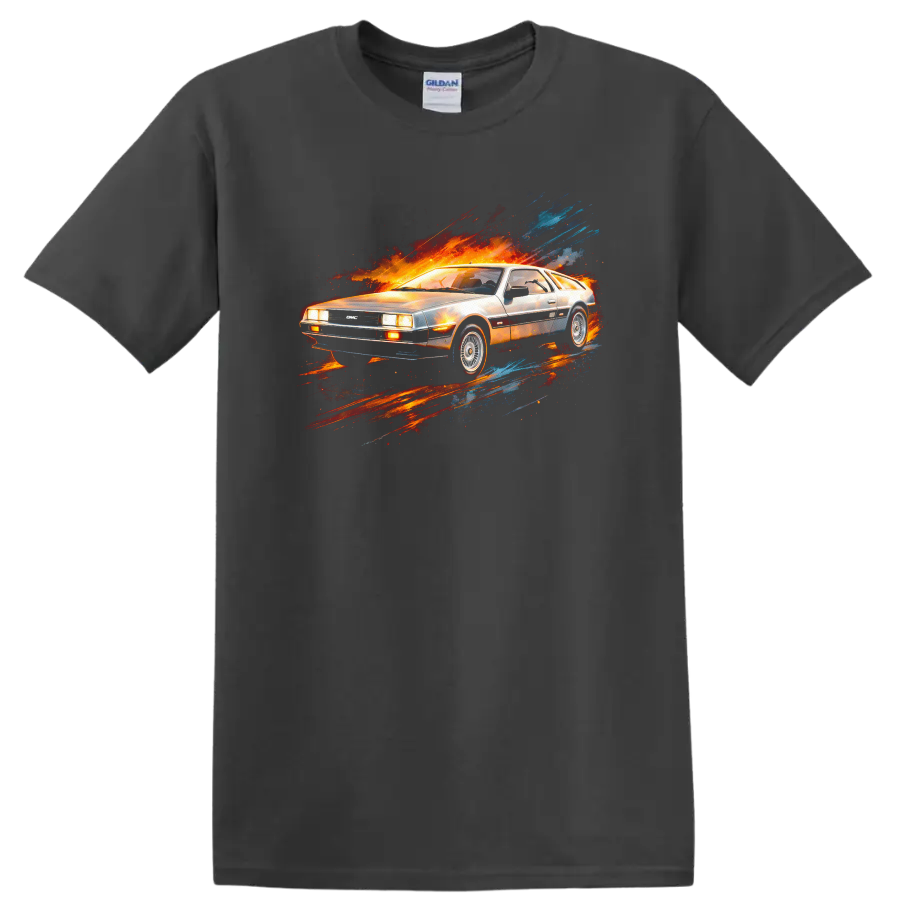 Silver DeLorean-style car with fiery red, orange, and blue motion streak graphic print on a Charcoal T Shirt