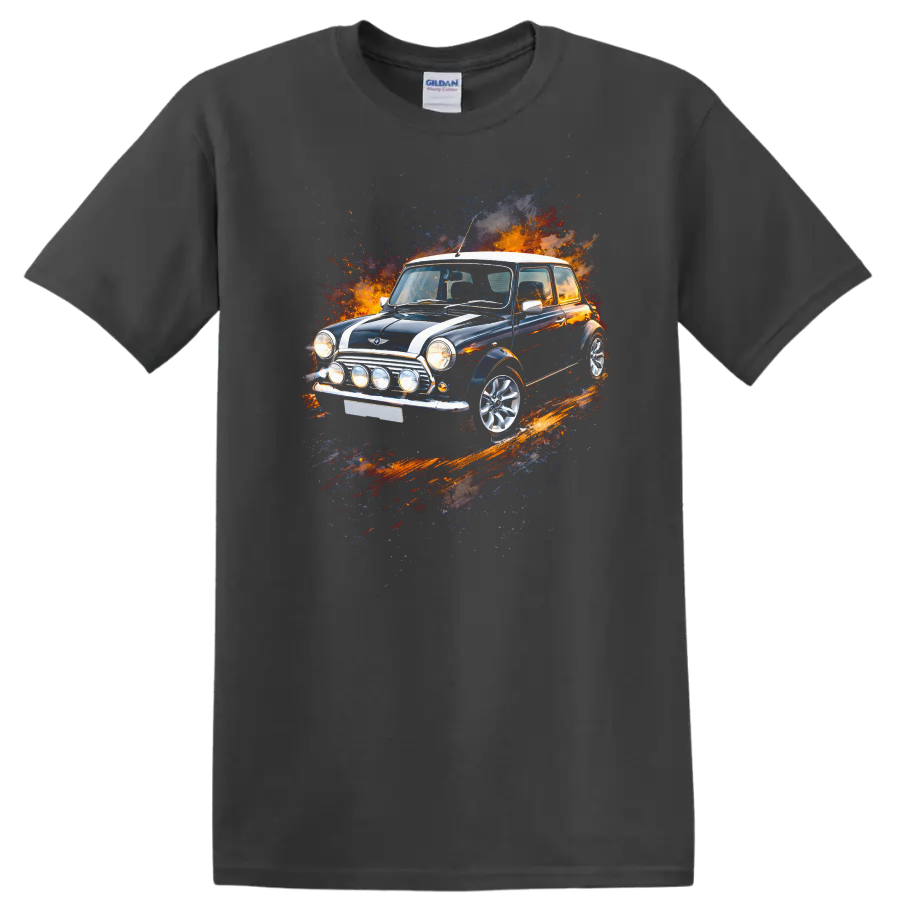 Classic Mini Cooper car with colorful paint splash graphic print on a Charcoal T Shirt