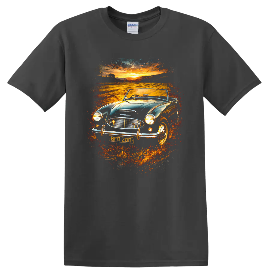 Austin-Healey 3000 classic car at sunset graphic print T-shirt on a Charcoal T Shirt