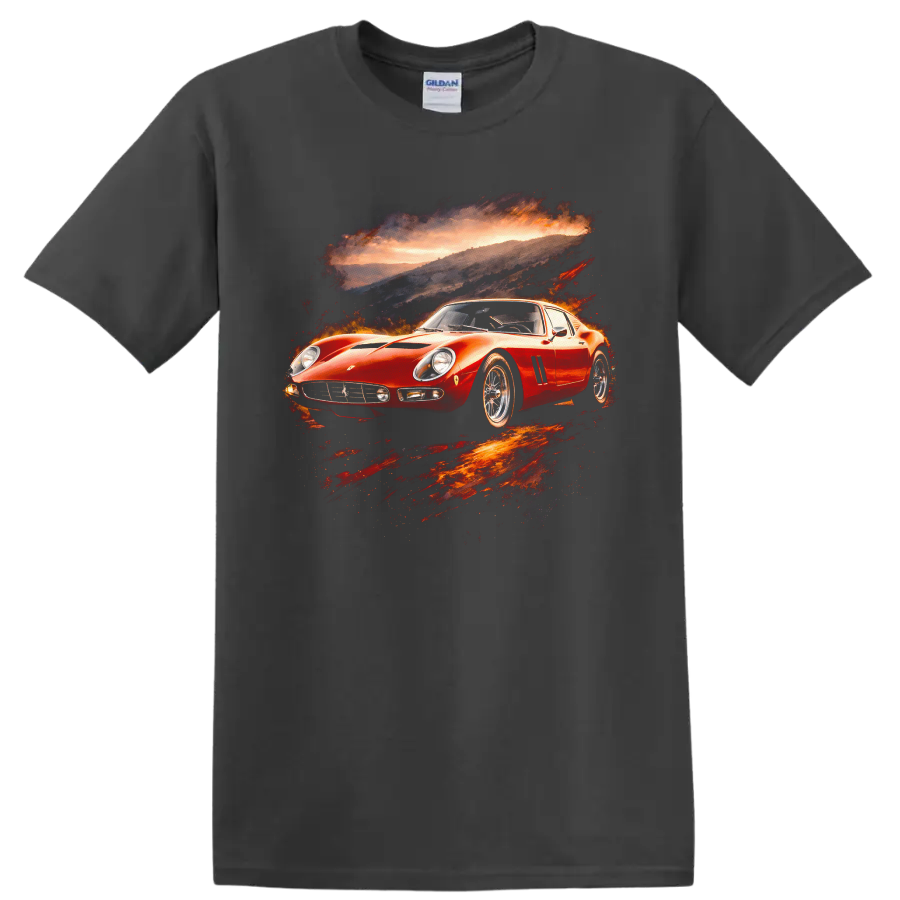 Red Ferrari 250 GTO classic sports car graphic print with sunset backdrop on a Charcoal T Shirt