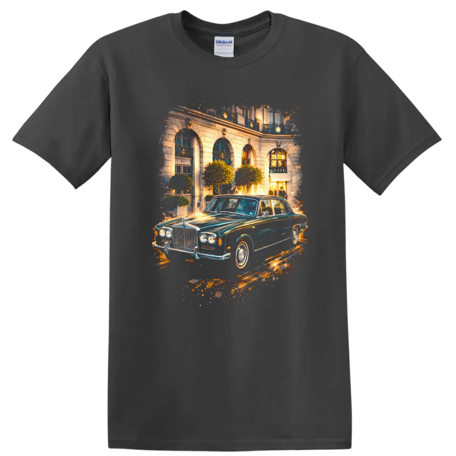 Rolls-Royce Silver Shadow classic car in a luxury city scene graphic print T shirt on a Charcoal T Shirt