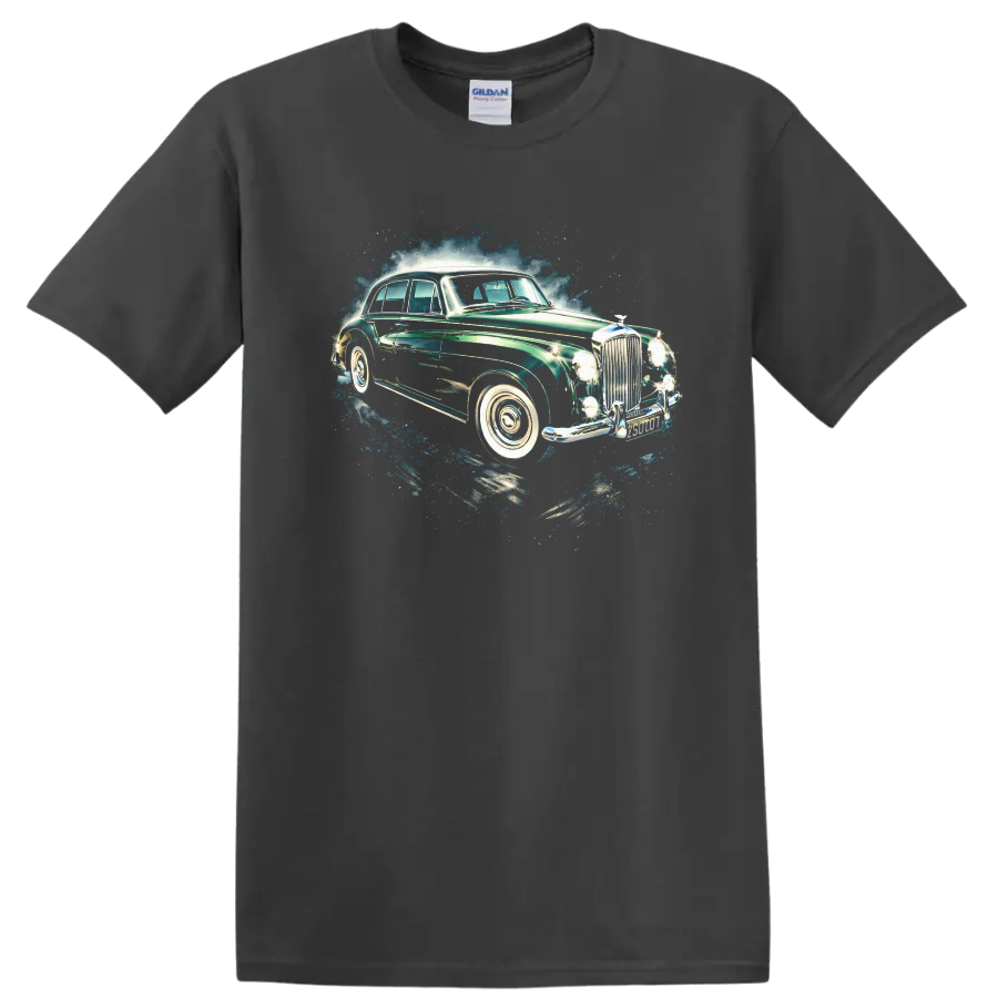 Vintage Bentley S2 classic car with chrome details and blue splash graphic on a T shirt on a Charcoal T Shirt