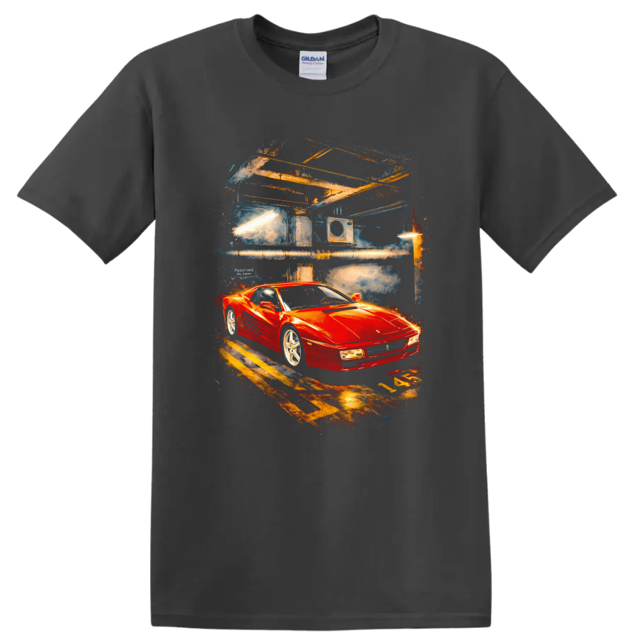 Red Ferrari Testarossa sports car graphic print on a black T shirt on a Charcoal T Shirt