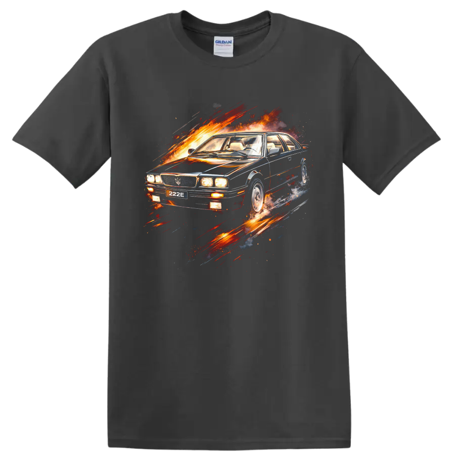 Old Maserati 222 car graphic with fiery motion streaks on a Charcoal T Shirt