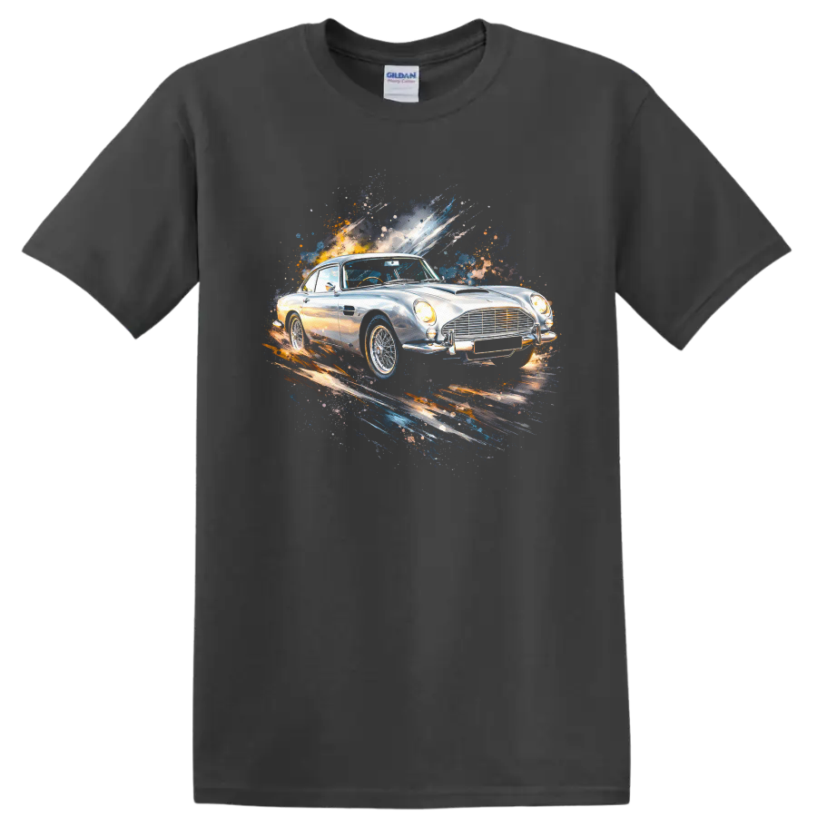Aston Martin DB5 old car watercolor graphic print T-shirt on a Charcoal T Shirt