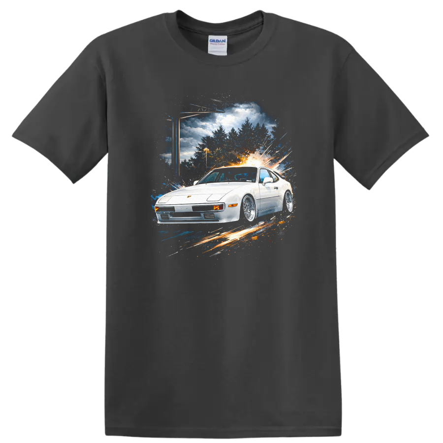 White Porsche 924 sports car with motion burst graphic print on T shirt on a Charcoal T Shirt
