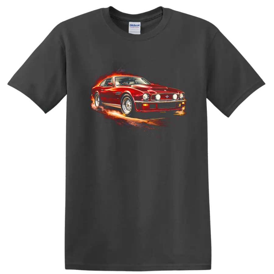 Red Aston Martin V8 Vantage classic car graphic with fiery motion effect on a Charcoal T Shirt