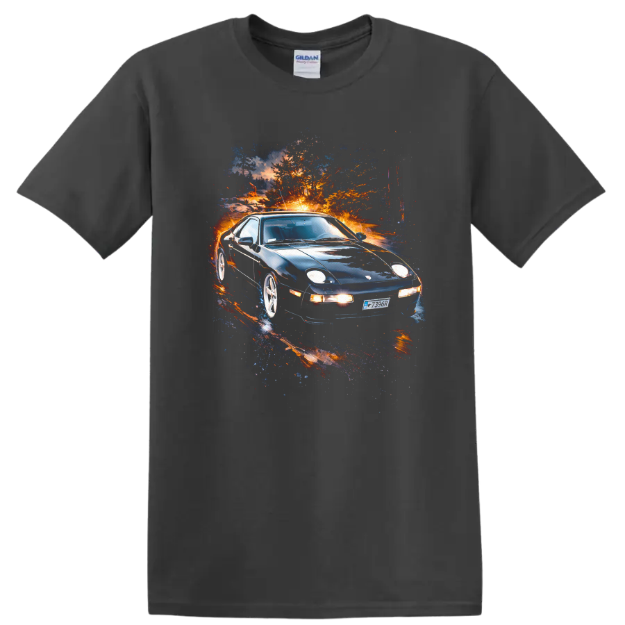 Porsche 928 old car with vivid colorful motion effect on black T-shirt on a Charcoal T Shirt