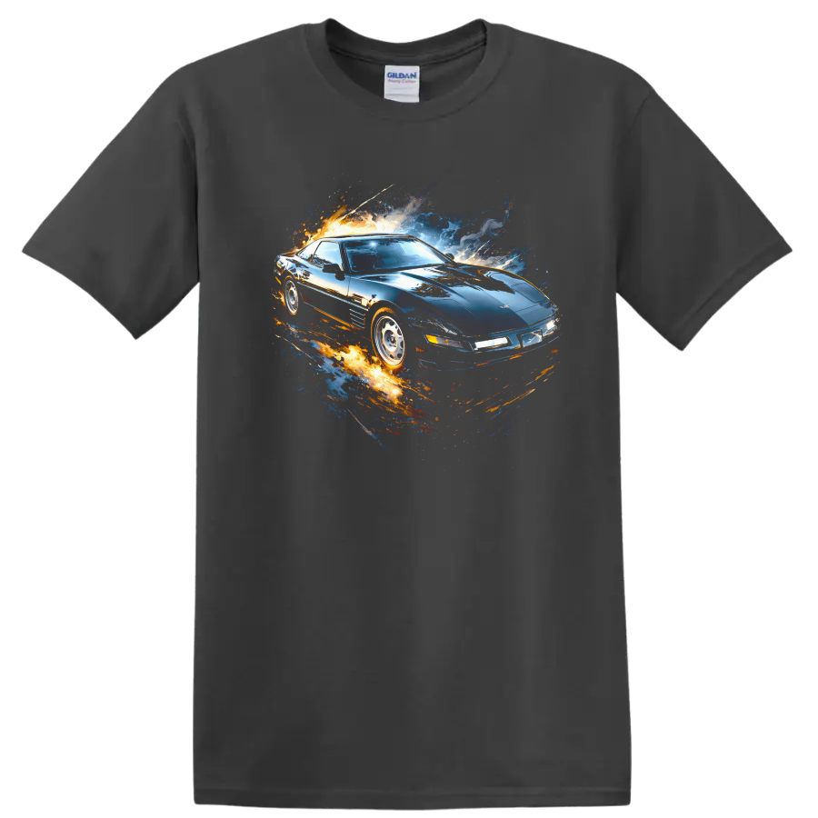 Chevrolet Corvette C4 with blue and orange motion graphic print on a T shirt on a Charcoal T Shirt