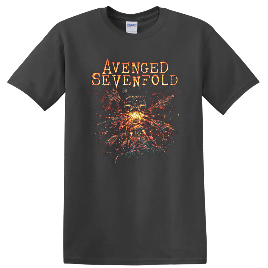 Avenged Sevenfold inspired skull, wings, and flames graphic print T - Charcoal