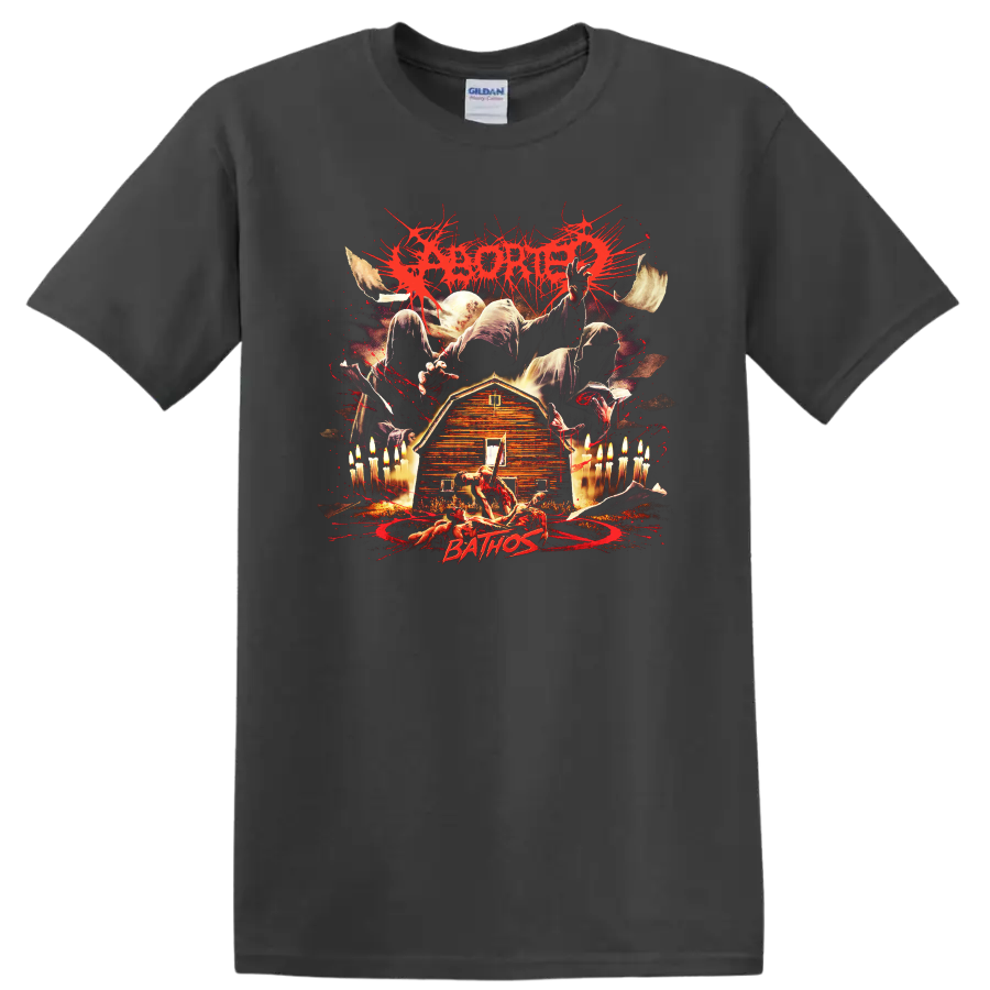 ABORTED horror metal graphic on a T-shirt with dark splatter artwork and eerie farmhouse - Charcoal