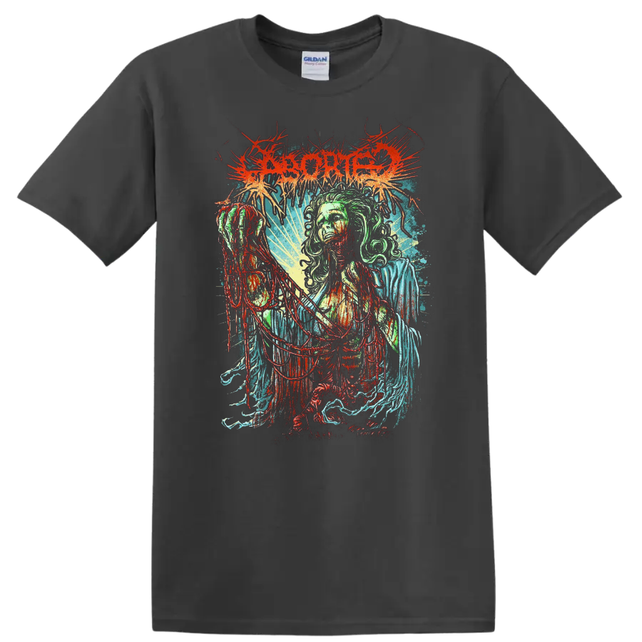 ABORTED-inspired death metal graphic print with horror figure on a T - Charcoal