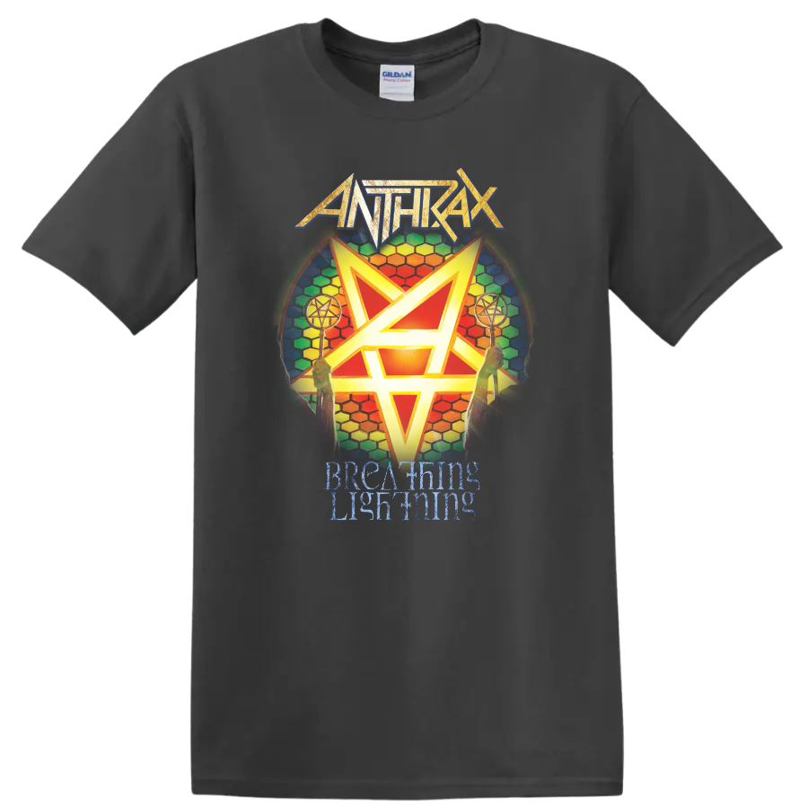 Anthrax logo with rainbow hexagram and Breathing Lightning text graphic print T - Charcoal