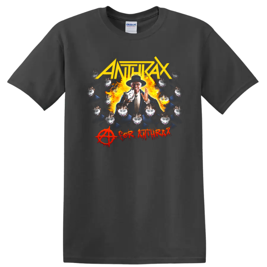 ANTHRAX metal band graphic with flames, masked faces, and bold lettering on T - Charcoal