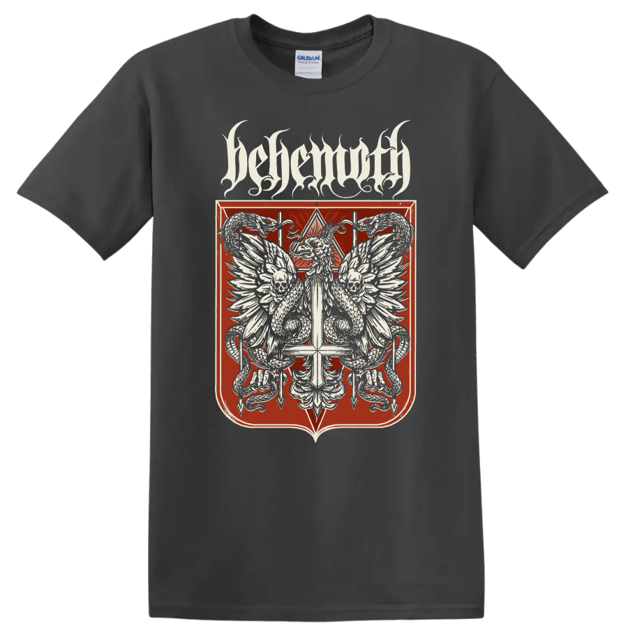 BEHEMOTH gothic metal crest with skulls, serpents, and wings on T - Charcoal