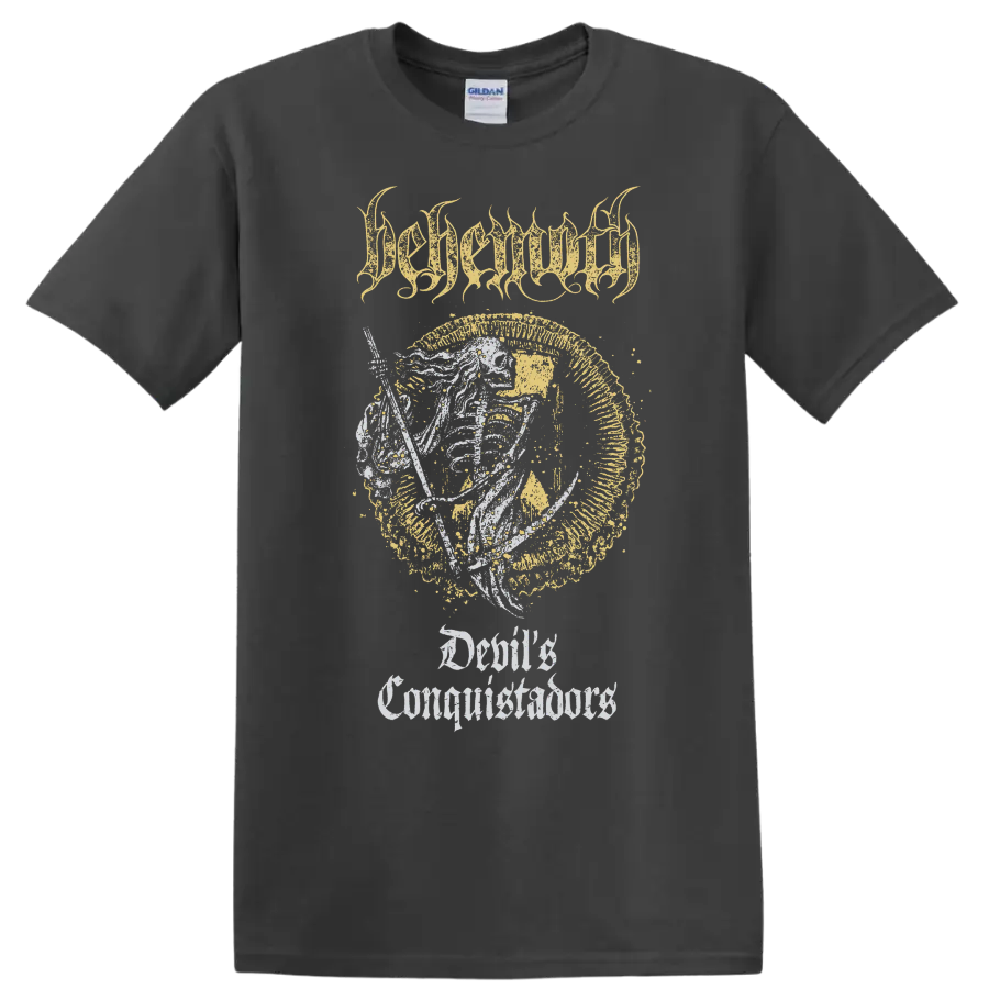 BEHEMOTH gothic metal graphic print with distressed lettering and emblem on T - Charcoal