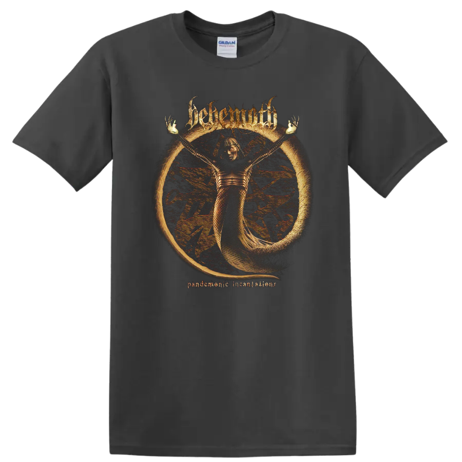 BEHEMOTH Pandemonic Incantations black metal graphic print T shirt with occult figure and burning - Charcoal