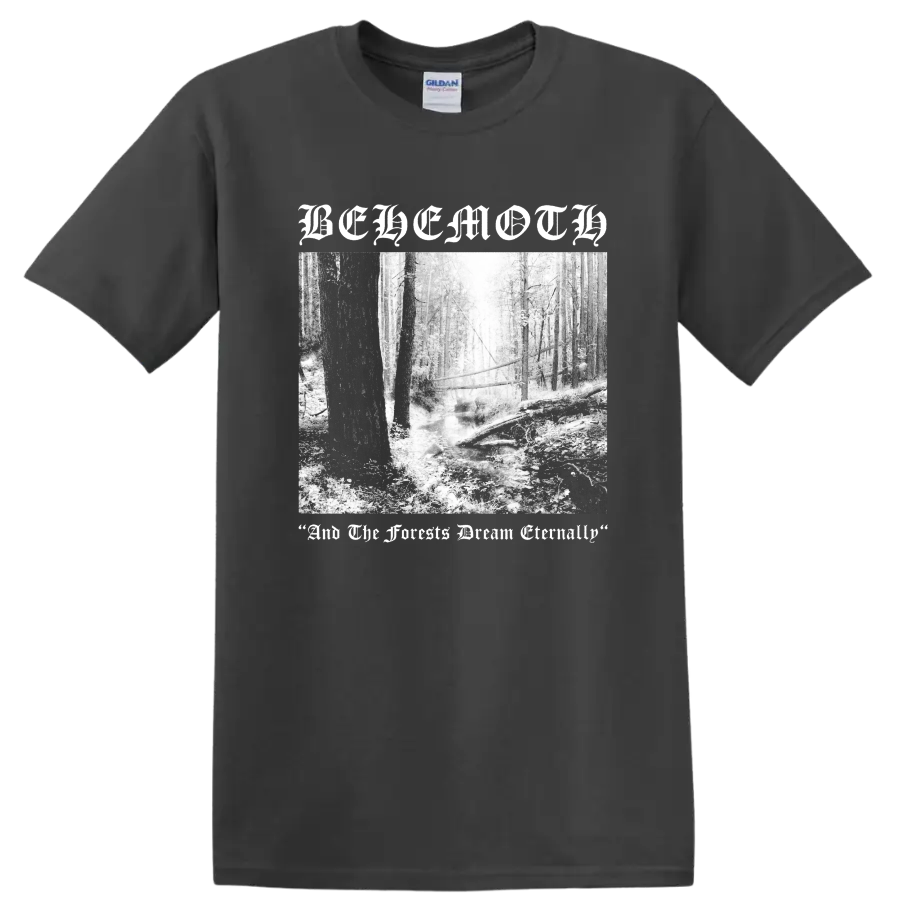 BEHEMOTH gothic text over black and white forest scene graphic print - Charcoal