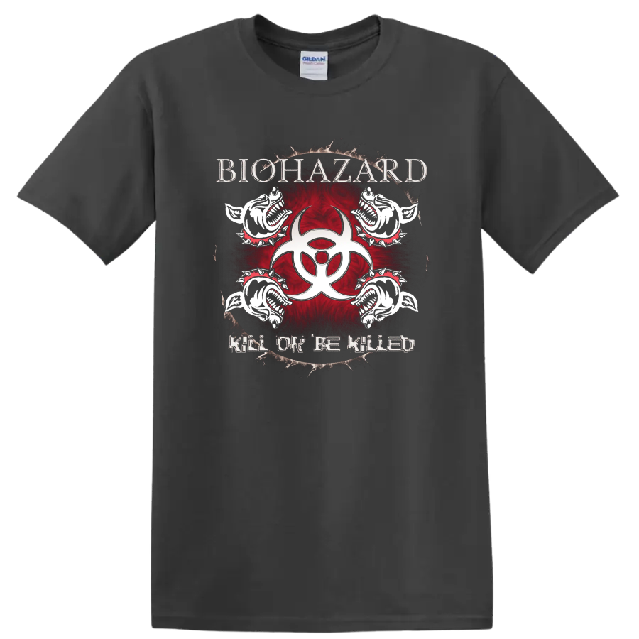 Biohazard graphic print T shirt with skull creatures, red biohazard symbol, and Kill or Be Killed - Charcoal