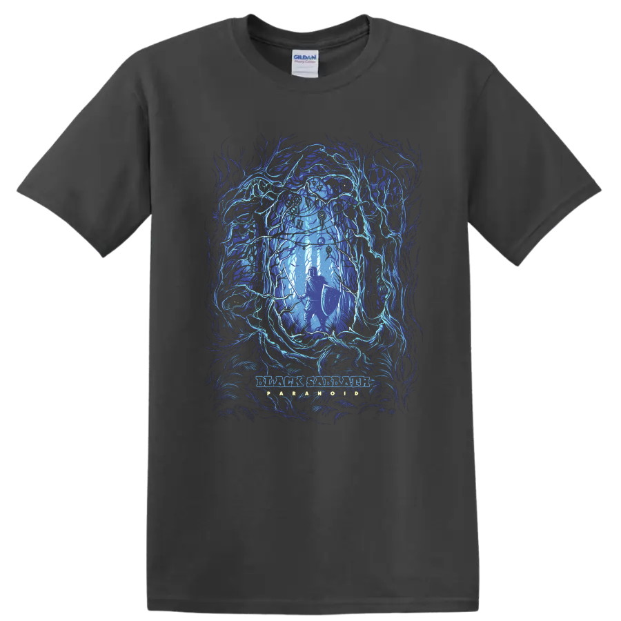 Black Sabbath dark fantasy rock metal graphic print with armored warrior in glowing blue - Charcoal