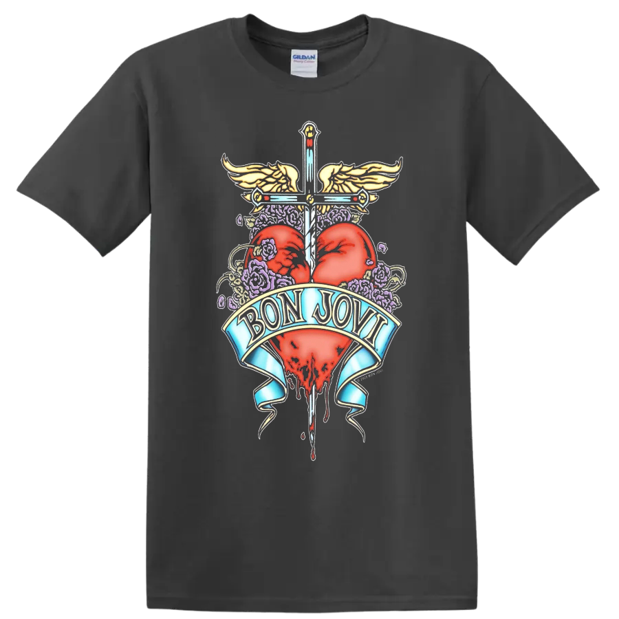 Bon Jovi inspired heart and wings graphic print T - Charcoal