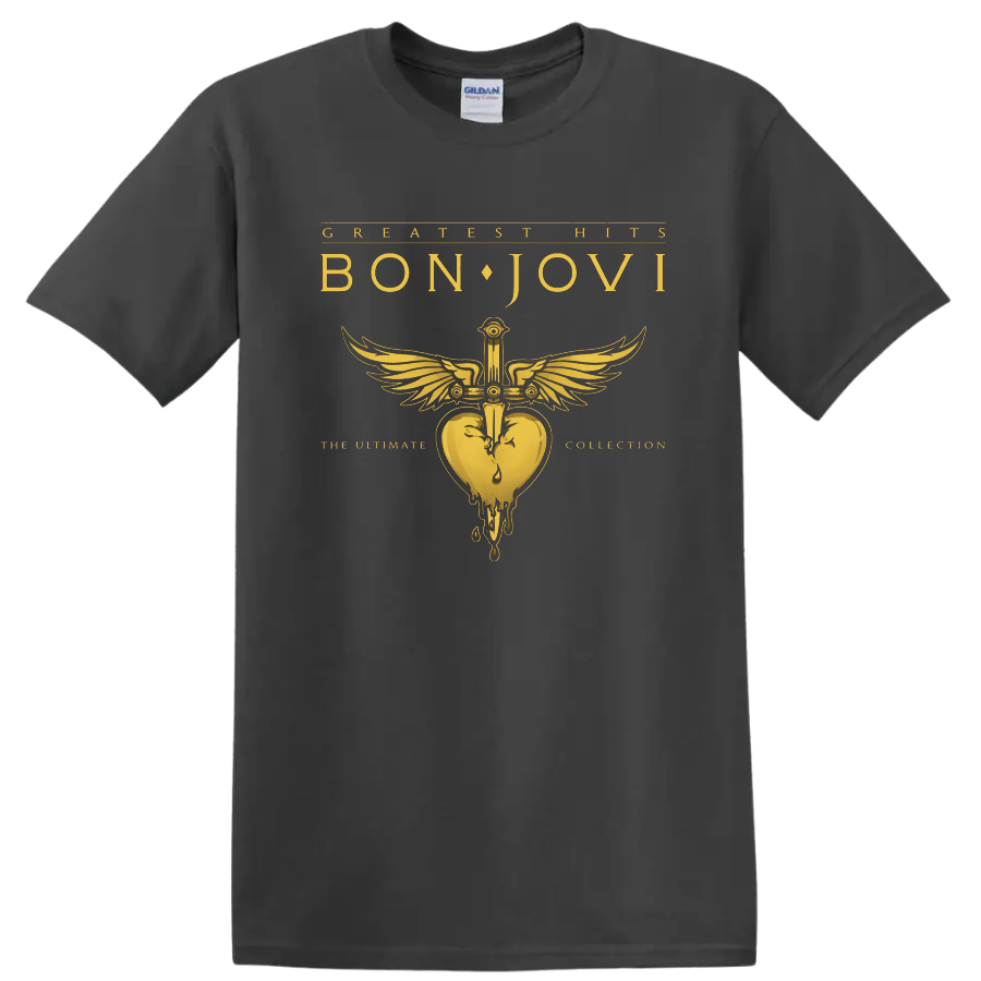 Bon Jovi Greatest Hits graphic with winged heart emblem and gold text on black T - Charcoal