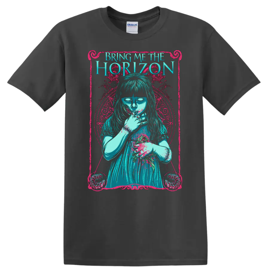 Bring Me The Horizon gothic graphic print T shirt with turquoise figure and pink - Charcoal
