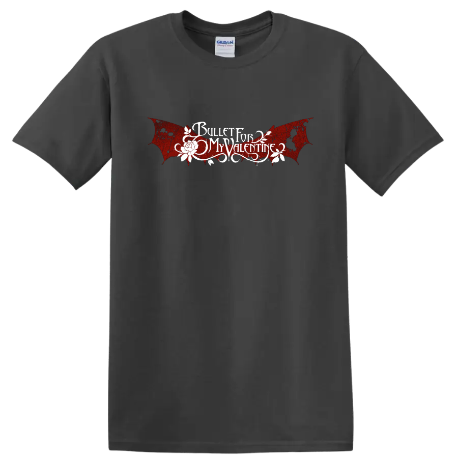 Bullet For My Valentine gothic band logo with red wings and white text graphic print - Charcoal