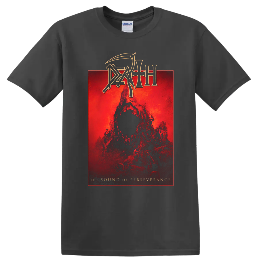 Death logo over red death metal album-style graphic print - Charcoal