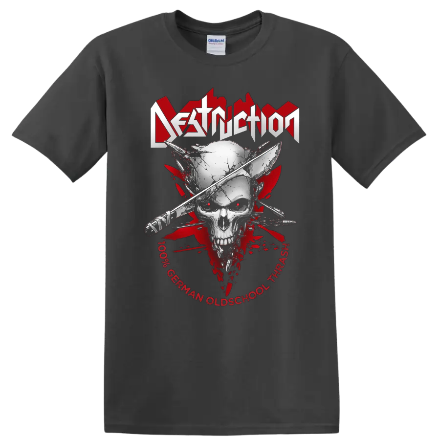 DESTRUCTION skull graphic print T shirt with crossed weapons and red thrash metal - Charcoal