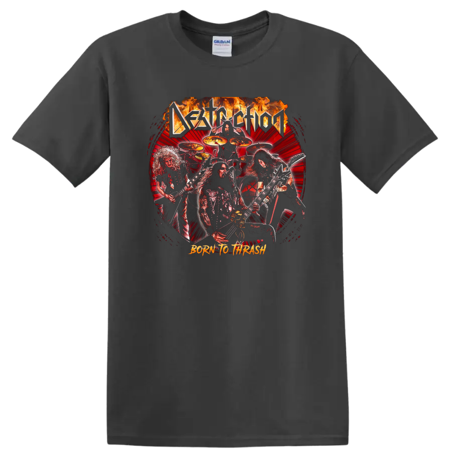 Destruction heavy metal band artwork with flames and Born to Thrash text T - Charcoal