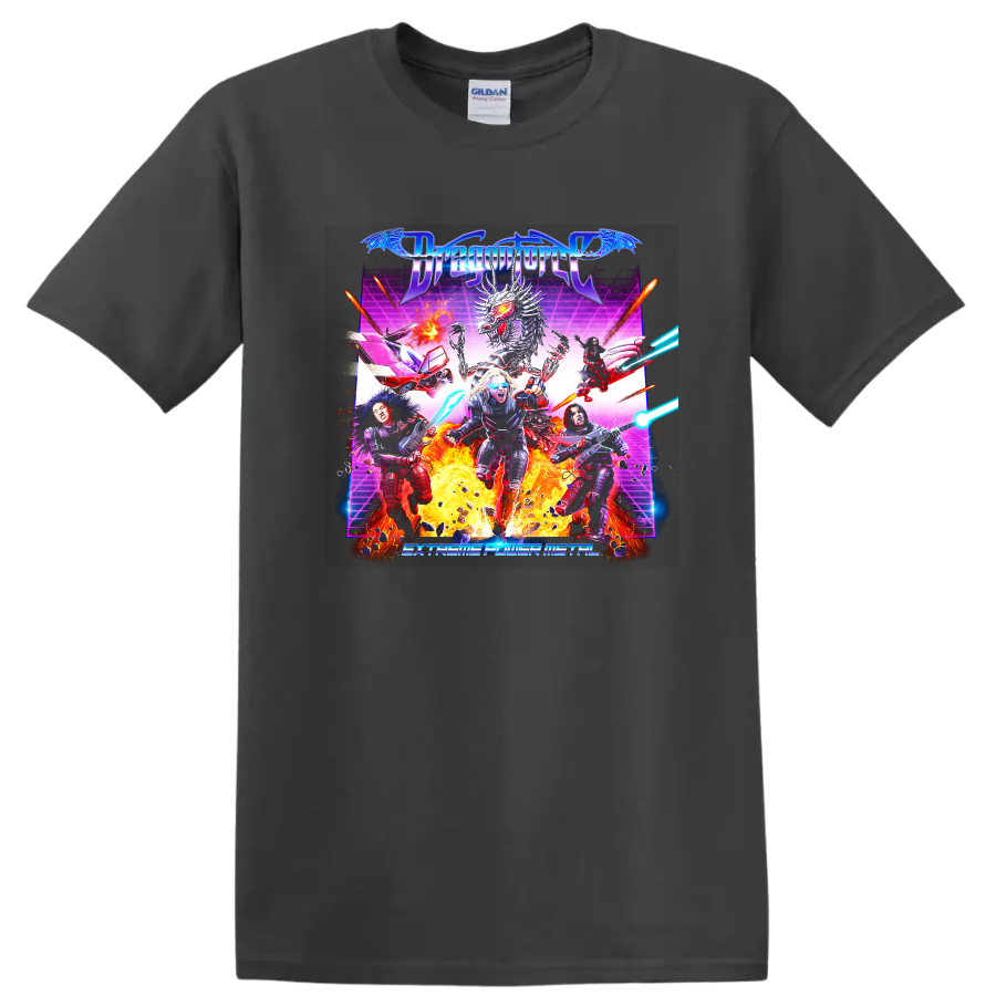 Dragonforce metal graphic print with dragon, flames, and band artwork T - Charcoal
