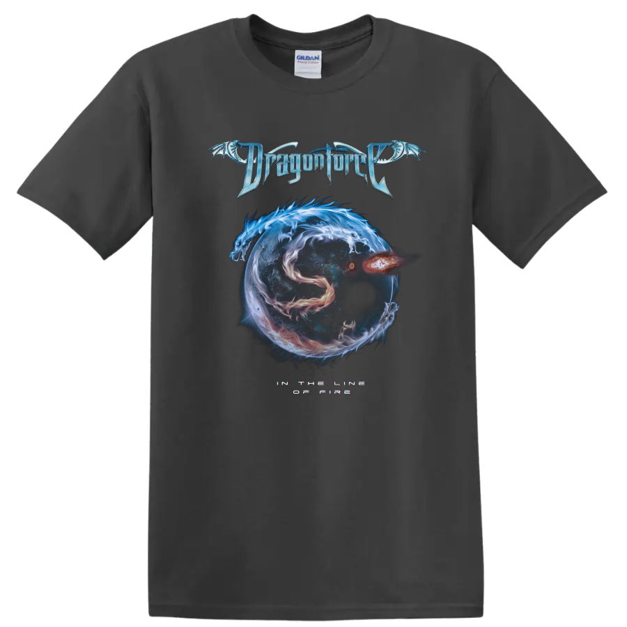 DragonForce logo with dragon artwork and fiery cosmic sphere graphic print T - Charcoal