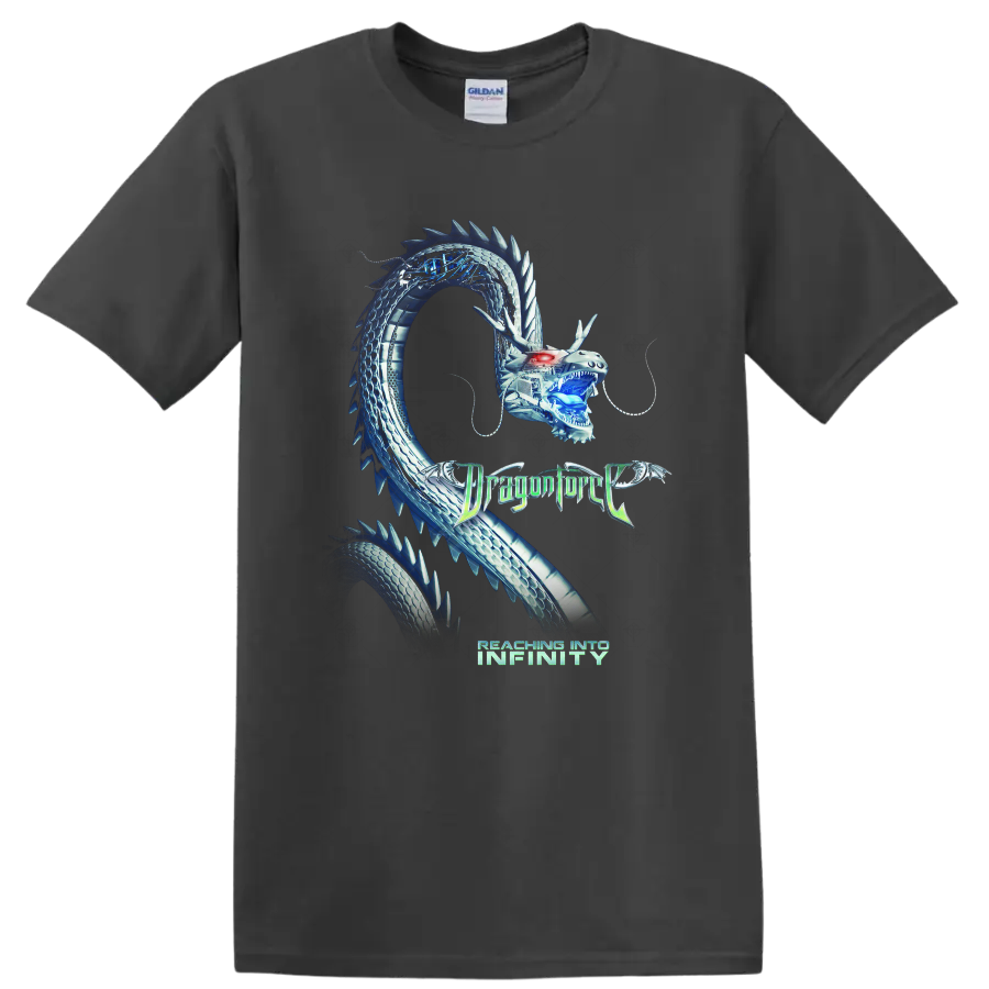 Blue mechanical dragon graphic with DragonForce Reaching Into Infinity text on a - Charcoal