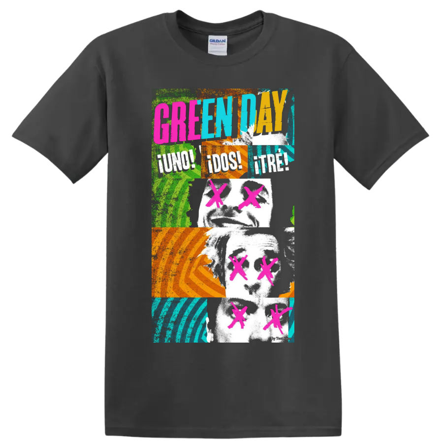 Green Day graphic print T shirt with neon punk rock portrait - Charcoal