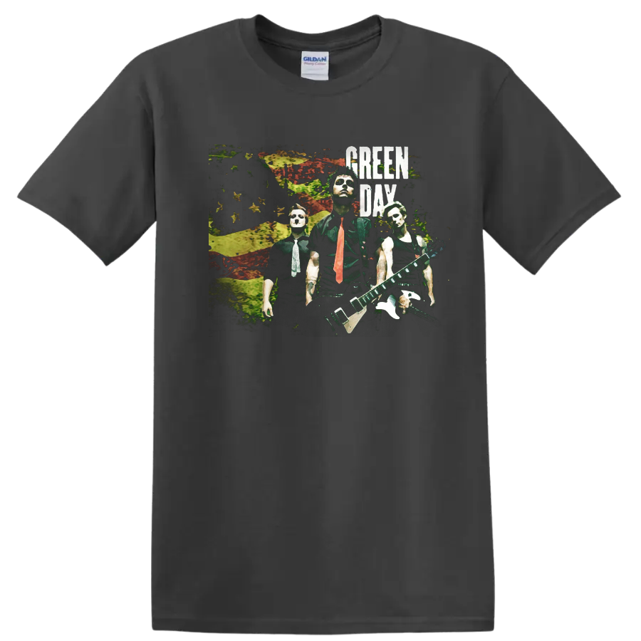 Green Day band graphic print with distressed background and bold text on a T - Charcoal
